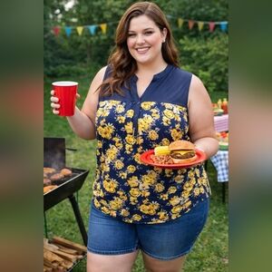 Elie McCarthy Sleeveless Navy Top with Yellow Floral Print Size 3X